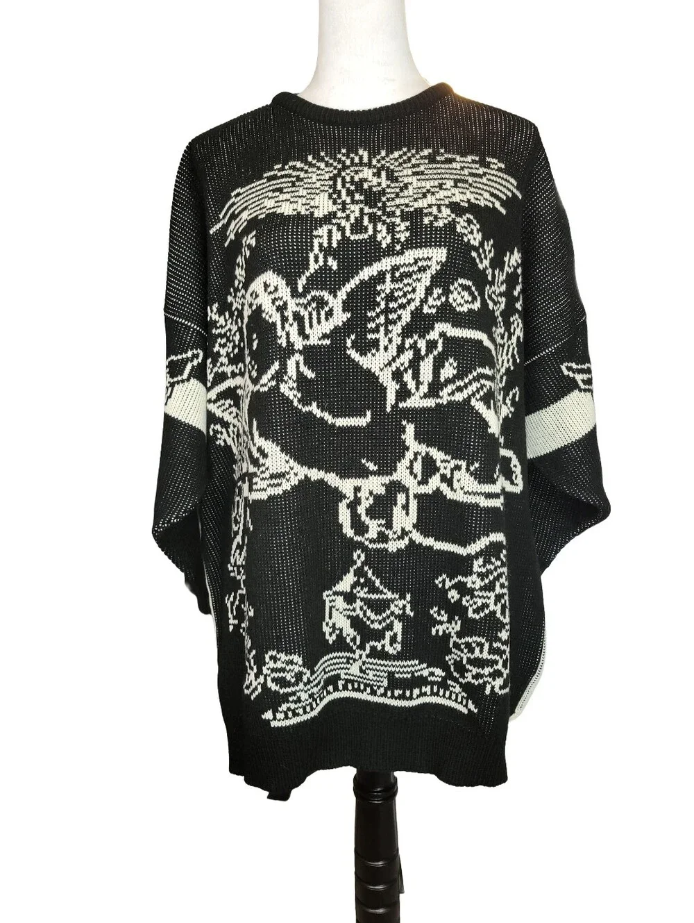 Vintage 70s Contempo Casuals Knit Black & Cream Angel/Cherub Tunic Sweater  Med